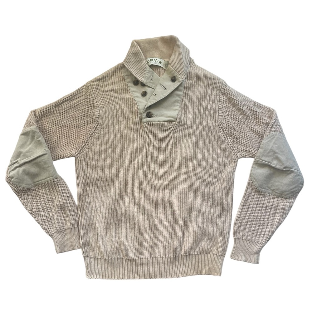 VTG Orvis Commando Sweater Beige Mens Med Elbow Pads Shawl Collar Knit Pullover